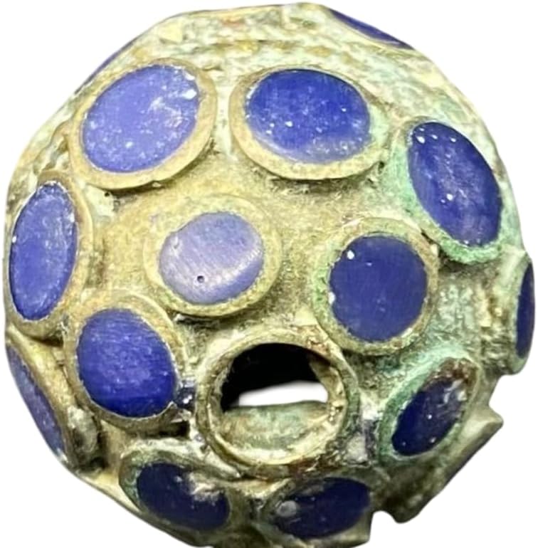 Antique Tibetan Brass Inlay Bead 25x22mm 4.5g | Vintage Lapis Lazuli Stone Handmade for Jewelry Making | Ethnic Nepal for Necklace, Bracelet, Earring Craft | Old Tribal Boho Bead (50)