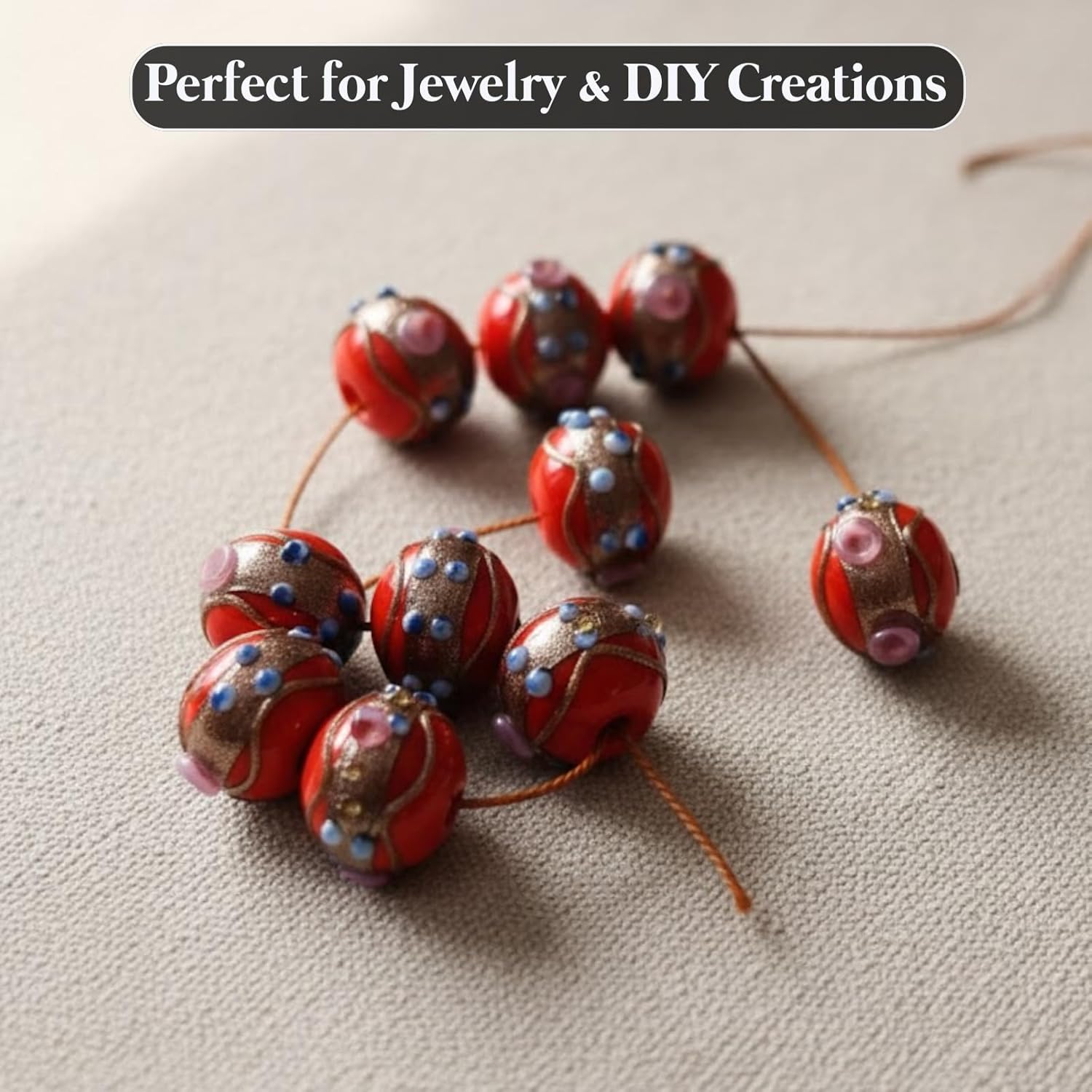 Handcrafted Red Designer Glass Beads | 16mm Murano Style Lampwork Beads with Blue & Pink Floral Accents | Available in 10 Strands | Jewelry Making, DIY & Crafts.