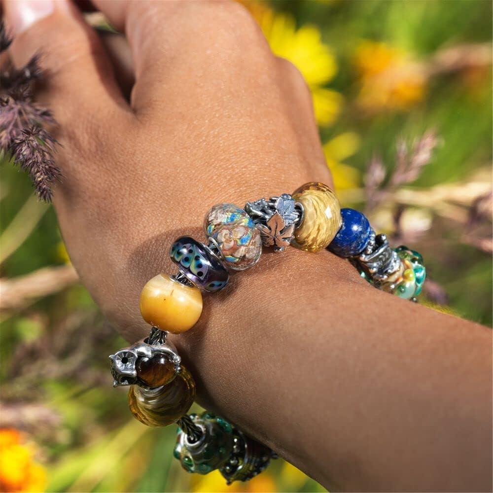 Trollbeads 1p Cream-colored Glass Round Bead for Jewelry Making, Wildflowers Design