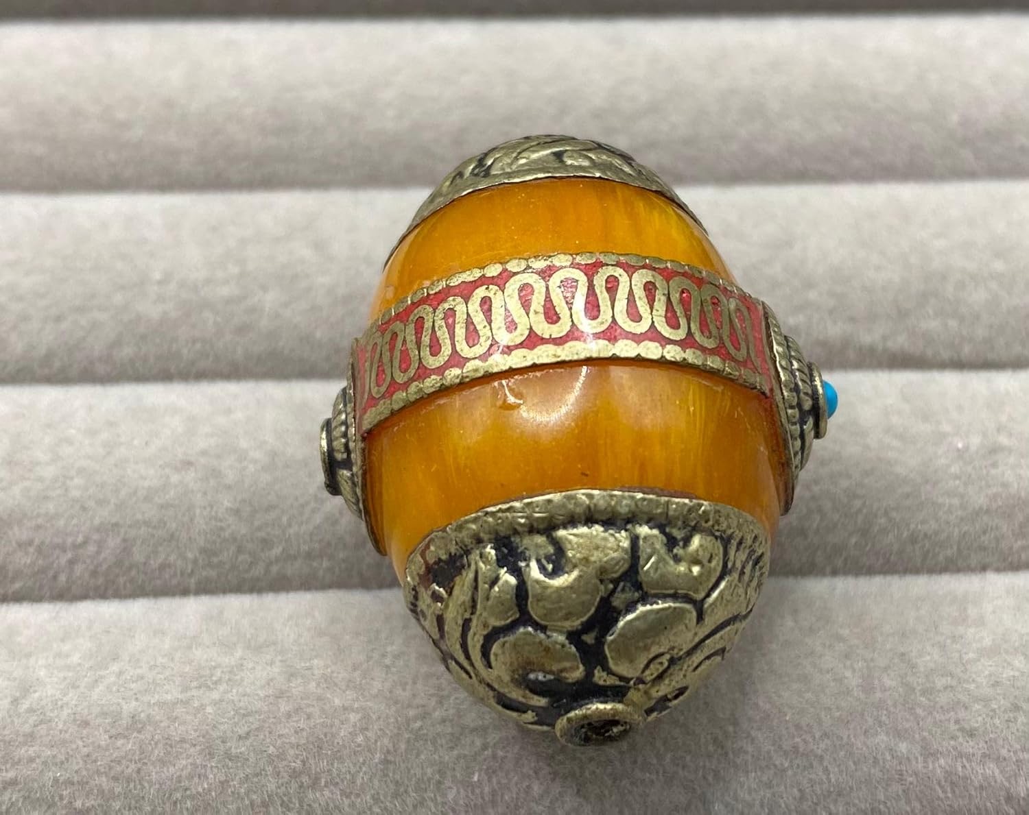 36x24mm Handmade Tibetan Natural Amber Bead with Coral Inlay – Ethnic Silver for Jewelry Making,14.21g Nepalese Boho Focal Bead for Necklace or Bracelet (20)