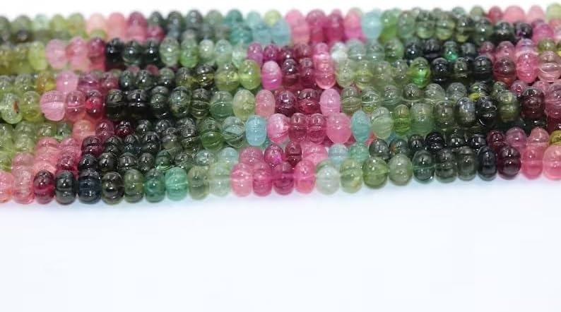 Tourmaline Smooth Carving Melon Shape Beads, 7-12mm AAA+ Quality Multi Tourmaline Melon Carved Beads for Making Jwelery
