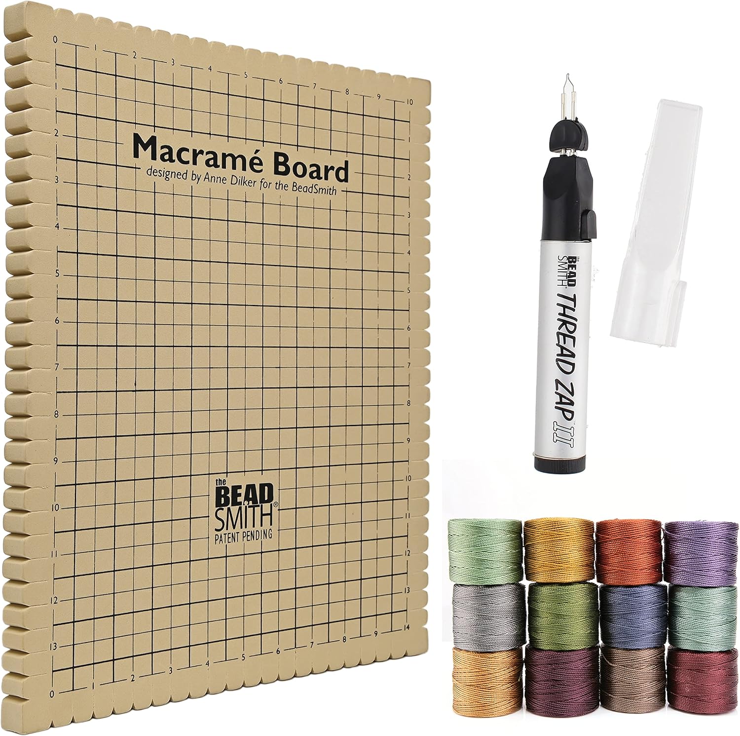 The Beadsmith Mini Macrame Kit - Bead Board 11.5 x 15.5 inches - Thread Zap II - 5.25” Thread Burner - S-Lon Cord #18 Cord, Multipack with 4 Spools – for Macrame and Knotting Jewelry Projects