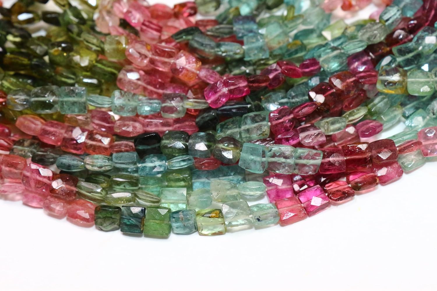 Natural Multi-Color Tourmaline Gemstone Beads, Faceted Cushion Cut, 5mm Size, 13 Inch Strand, Pink Green Mixed