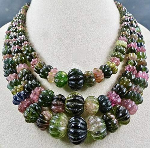 LKBEADS 3 Line Natural Multi Tourmaline Melon Carved Beads Necklace 19 INCHES 16 MM to 6 MM Code-HIGH-46358