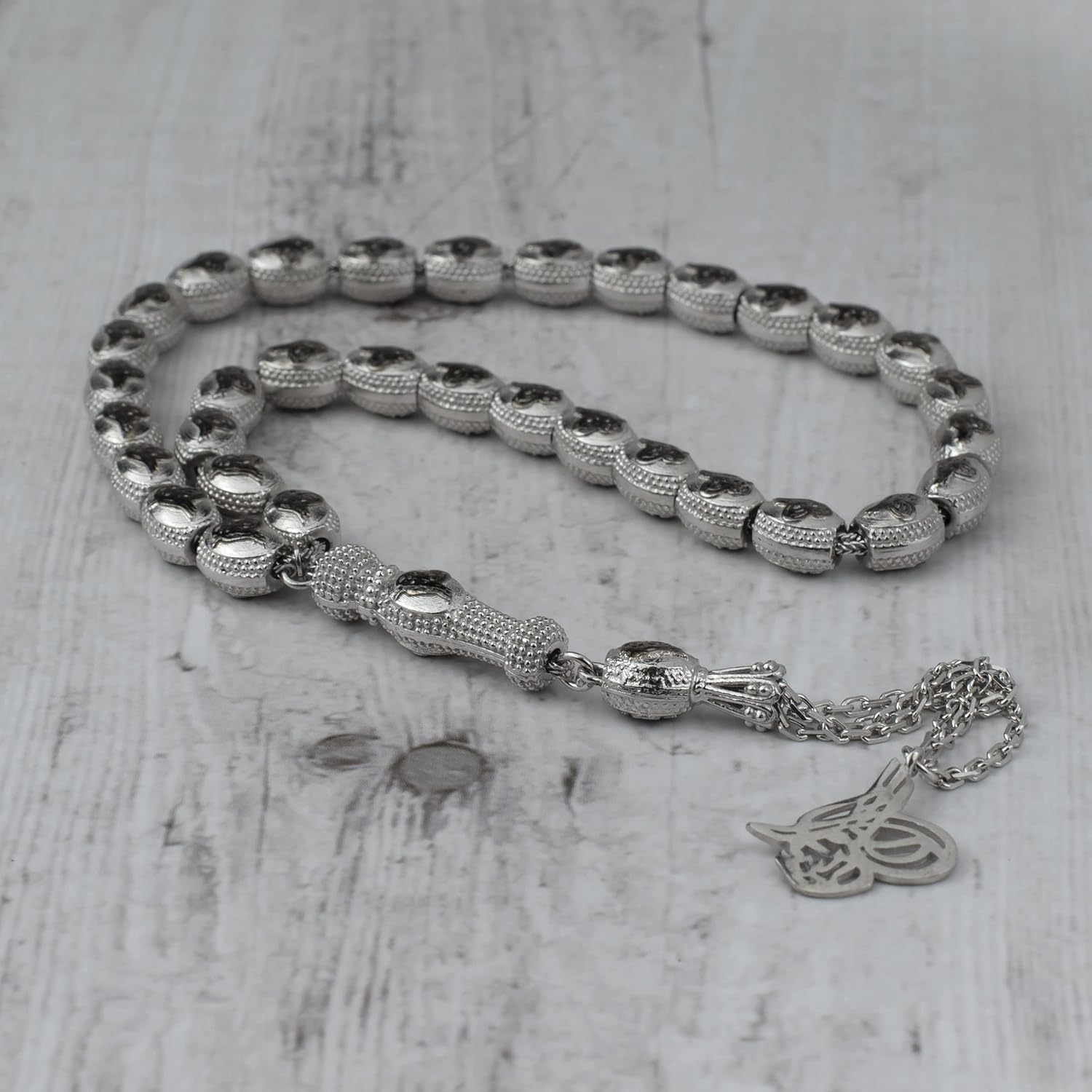 Filigranist 925 Silver Zirconia Oval Beads Tasbeeh Oxidized 33 Piece Oval Beads Misbah Tasbih Prayer Bead Worry Beads Stress Chain