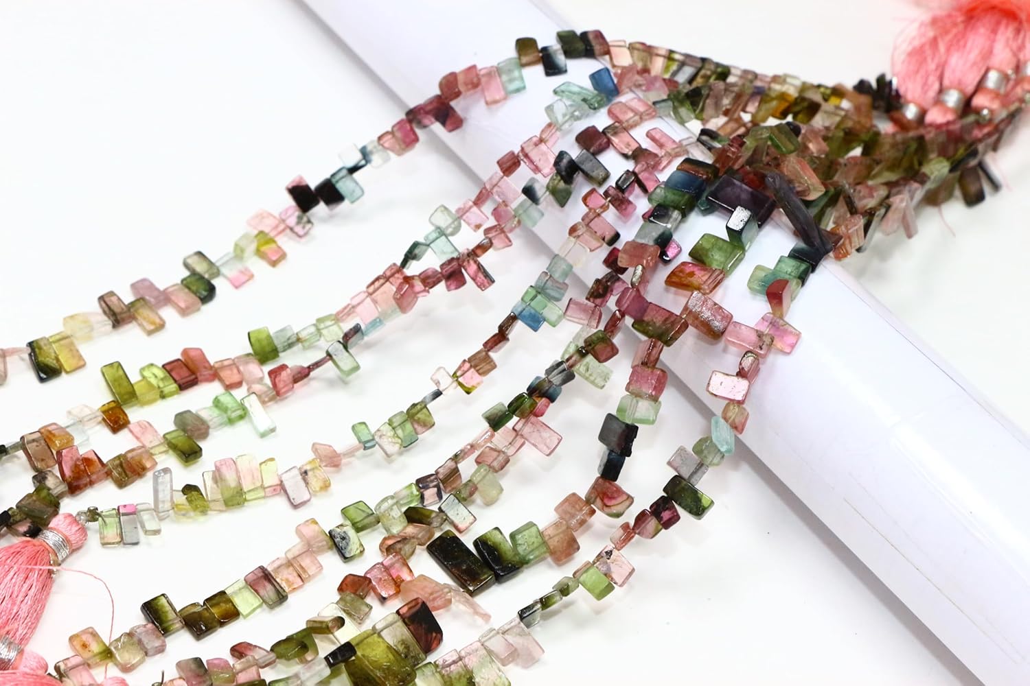 Natural Multi Tourmaline Smooth Slice Beads, Pink and Green, Semi-Precious Gemstone, 4-6mm, 8 Inch Strand with Tassels