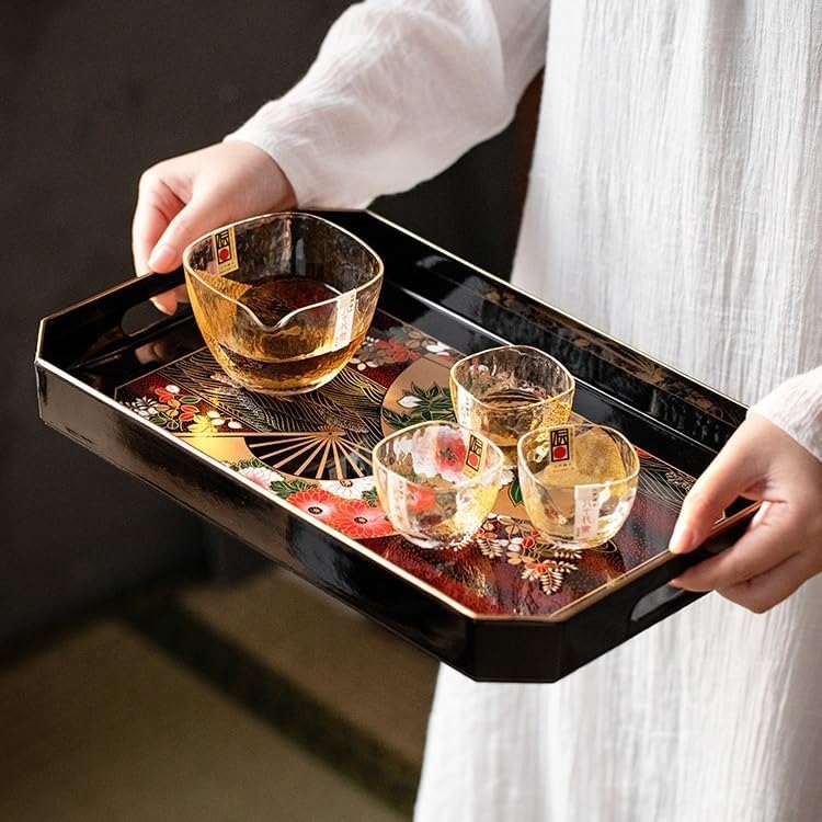 Tray Japanese Style Tray Japanese Style Elegant Handmade Lacquerware Tea Set Tray Household Tableware Storage Tray Serving Trays(B)