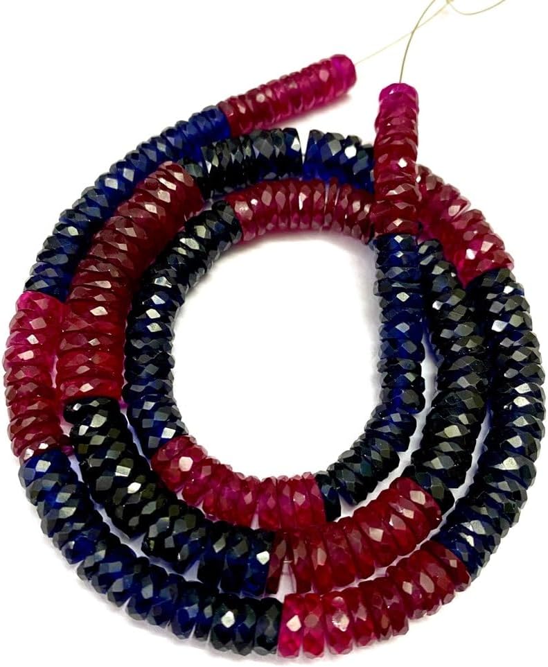 Natural Blue and RED Corundum roundelle facated Beads 6-7 MM 18 inch Long String Jewelry Making Gemstone Beads for Necklace Bracelet