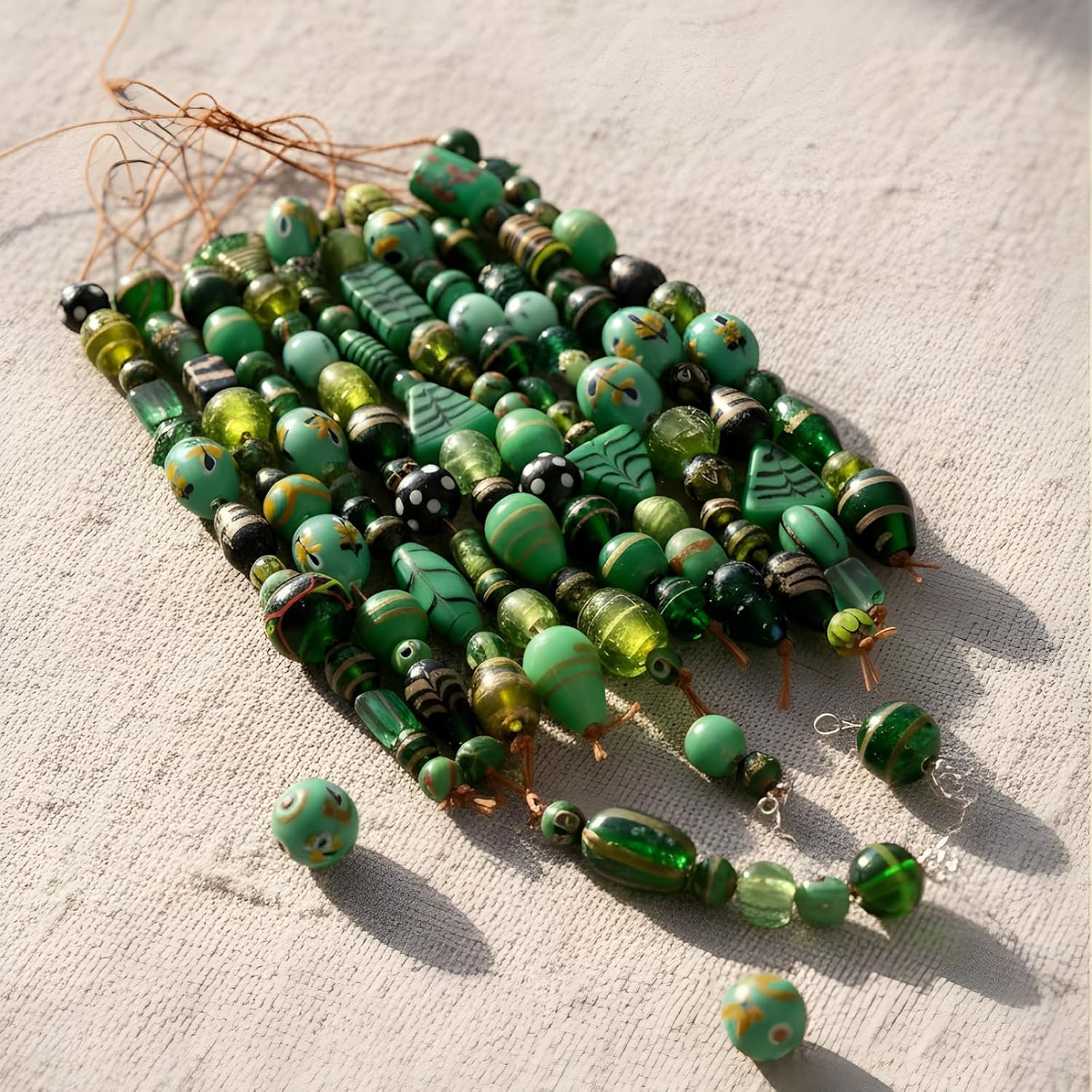 Handcrafted Green Combination Lampwork Glass Beads | Multi-Shape Fancy Spacer Beads | Available in 20 Strands | Artistic Handmade Beads for Jewelry Making & DIY Crafts.