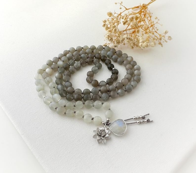 Natural Moonstone 6mm 108 Mala Beads, Spiritual, Meditation Beads, Reiki, Japa Mala, Buddhist Prayer Beads, Yoga Bracelet, healing beads LKMALA-RRGU-2172