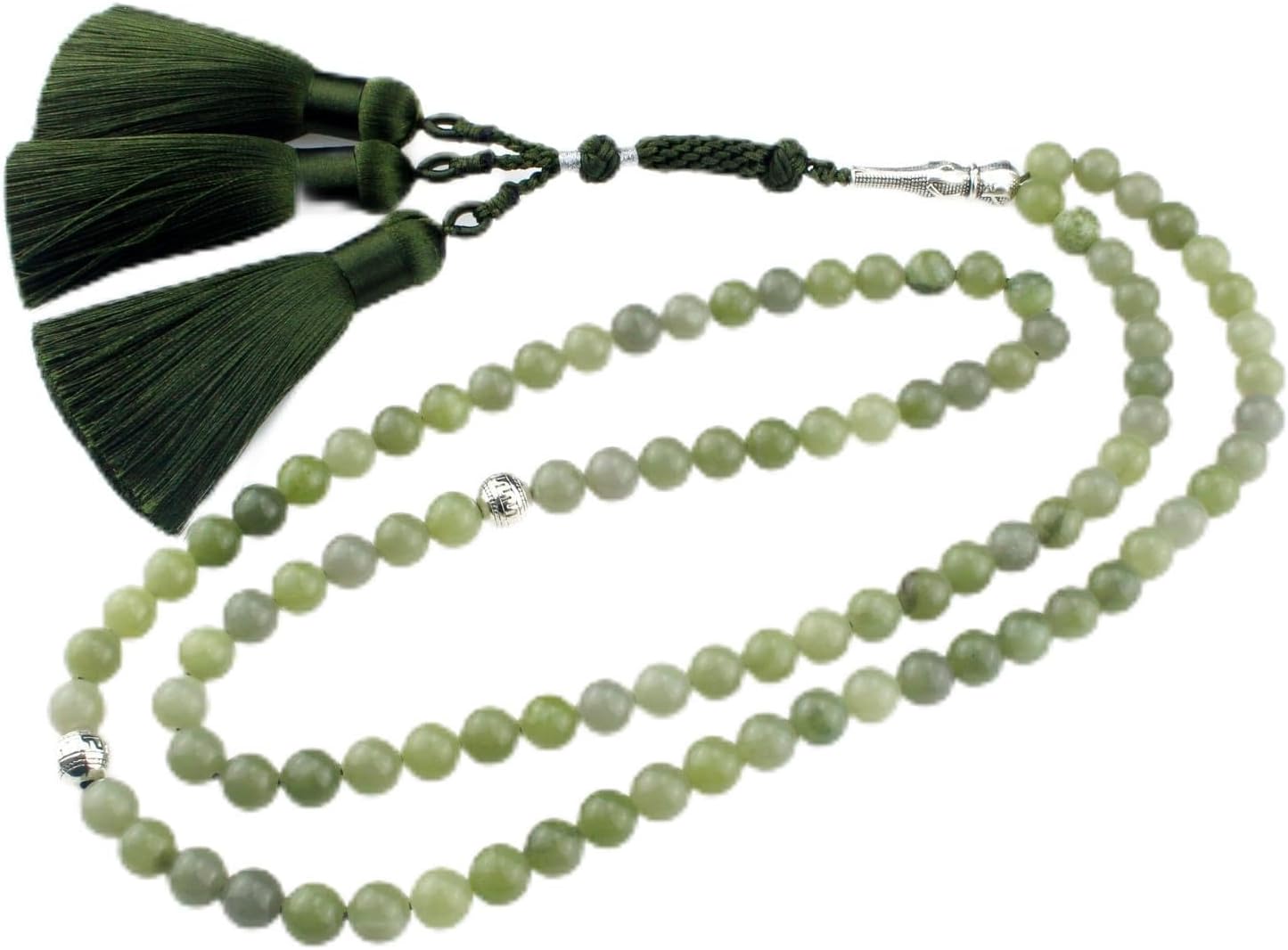 Muslims Islamic Dhikr 99 Tasbeeh Tasbih Prayer Beads, Green Jade Stone Beads with Tassel