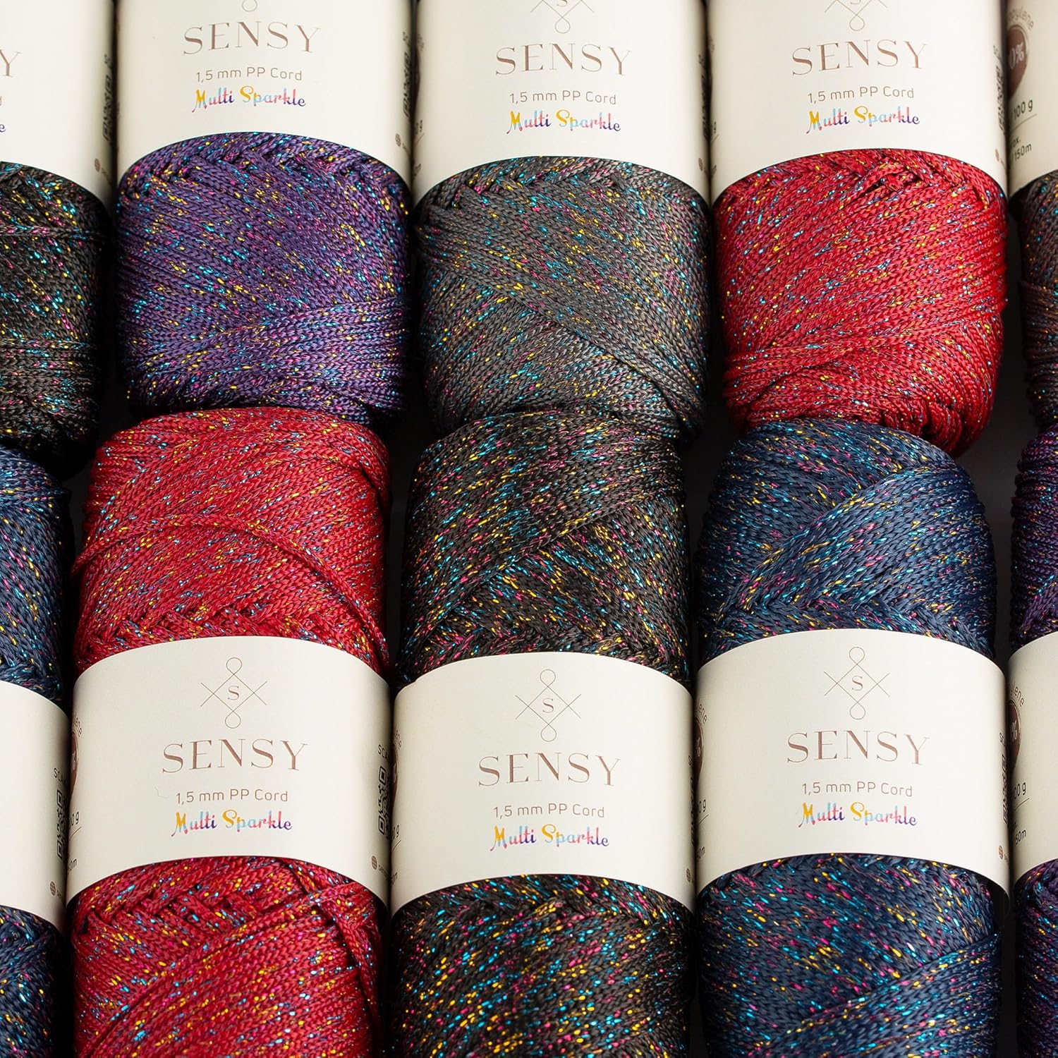 10 Skeins of Sensy 1.5mm 164 Yards Sparkle Polyester Rope 90% Polypropylene 10% Polyester Cord Macrame Cord Crochet Bag Cord Macrame Rope Crochet Thread Gift for Knitter (Anthracite Multi Sparkle)
