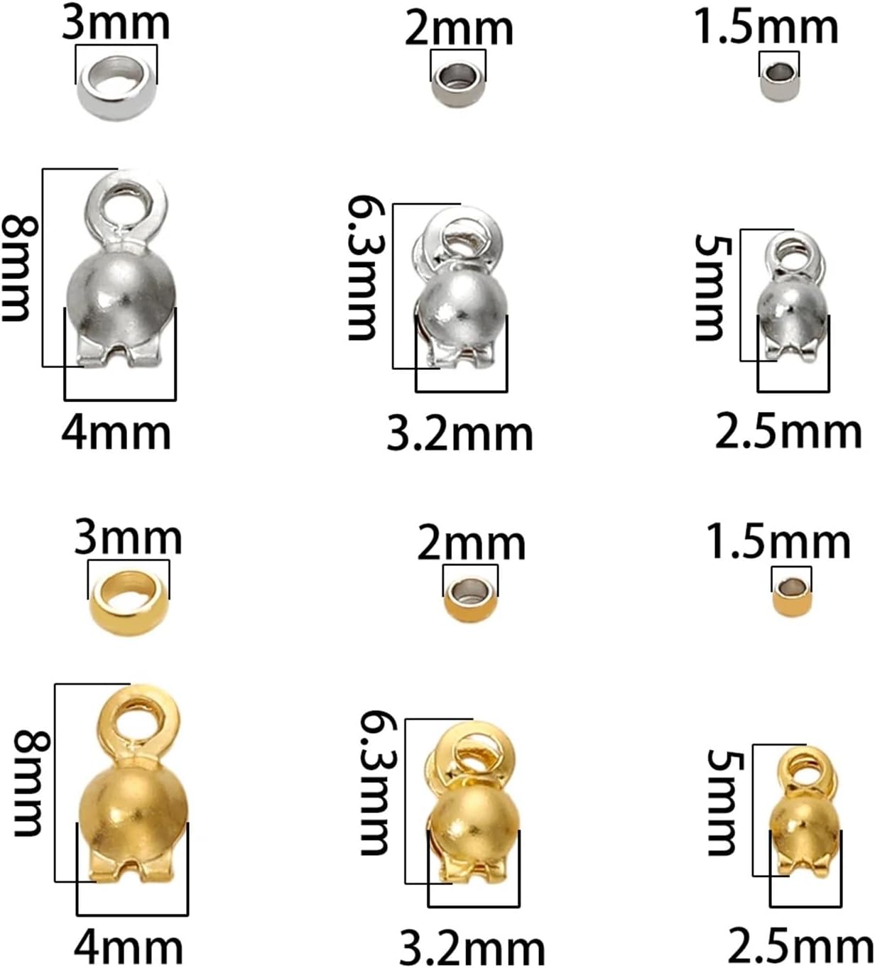 Knot Covers for Jewelry Making 3000sets Gold/Silver Stainless Steel Buckle Positioning Bead Accessories Set for Handmade DIY Beading(03GD)