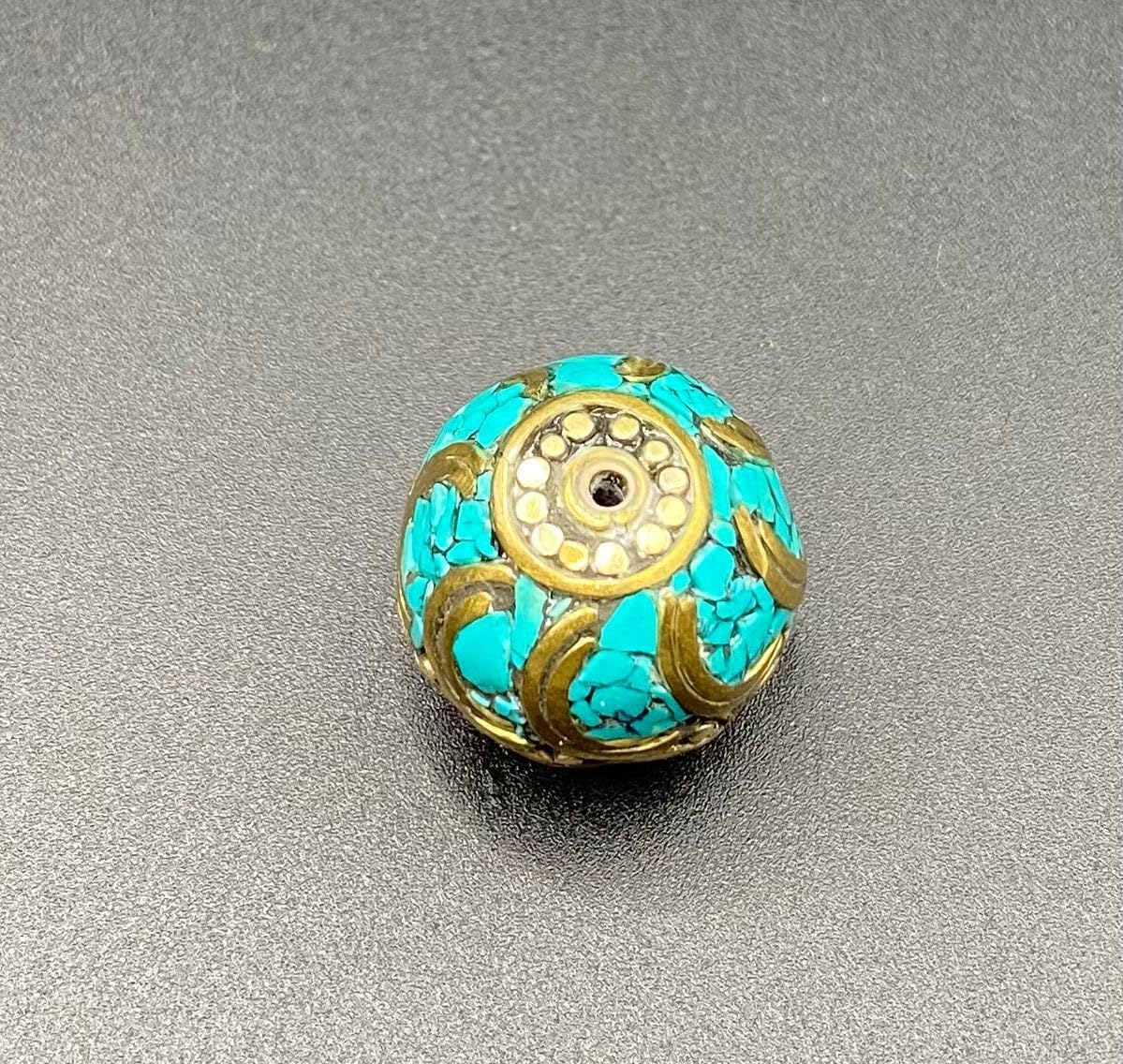 ALI OPLAS Old Antique Nepali Tibetan Handmade Brass Bead 18mm 9g | Turquoise & Coral Inlay Round Bead | Ethnic Boho Jewelry Supply | for Pendant Bracelet Necklace Making (50)