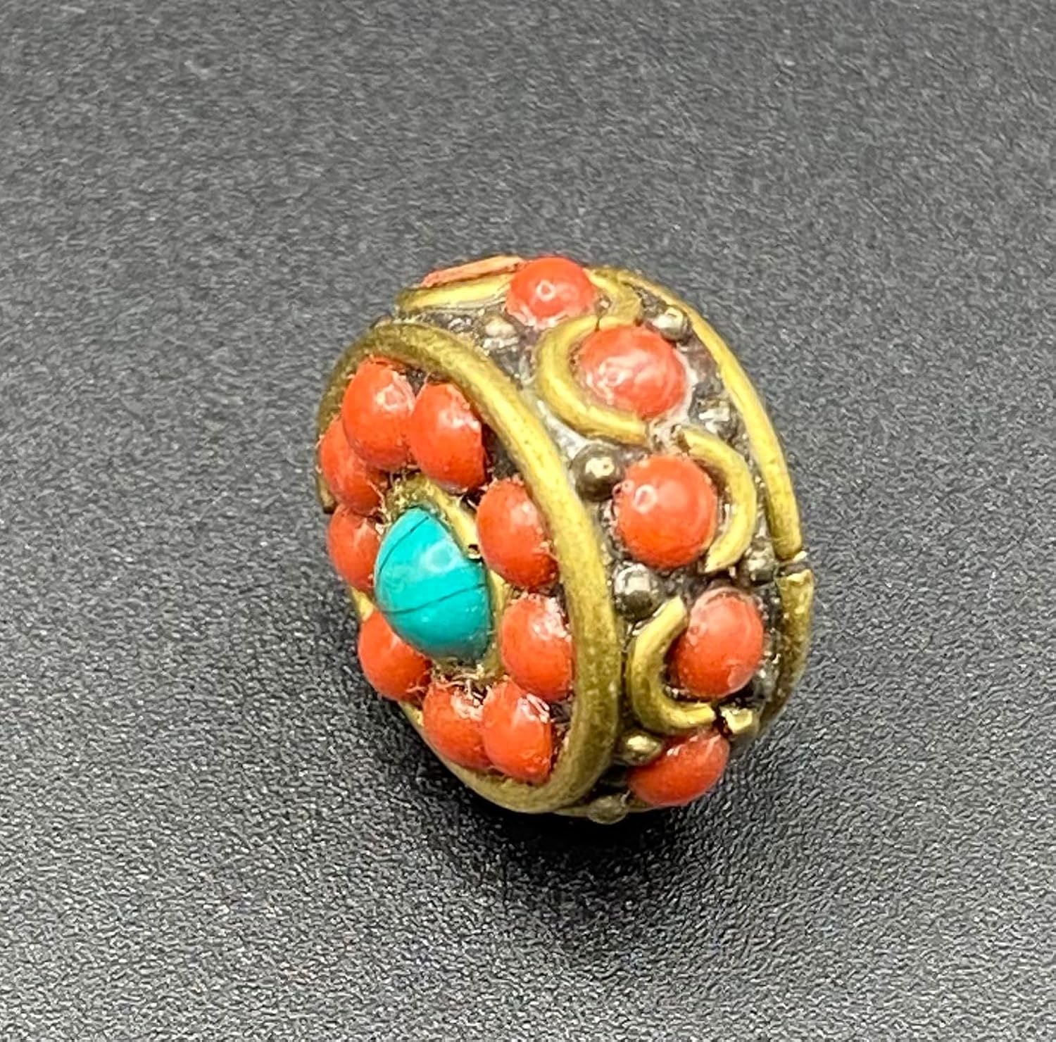 Old Antique 16x10mm Nepalese Tibetan Bead with Coral and Turquoise Inlay – 4.61g Handmade Brass Vintage Bead for Jewelry Making, Boho Crafts, Healing & Meditation Accessories (50)