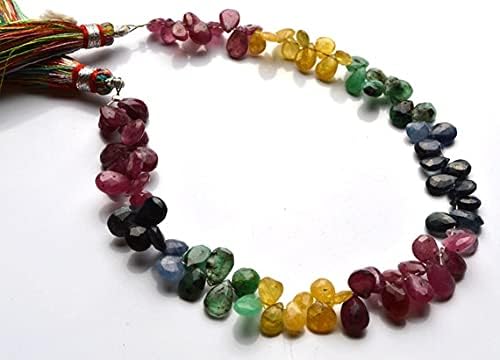 BEADS GEMSTONE 1 Strand Natural 7.5 Inch Long Super Natural Multi Precious faceted Emerald, Ruby, Blue sapphire,Yellow & Pink Sapphire Pear Shape Briolettes 5 to 7 MM Code-HIGH-21748
