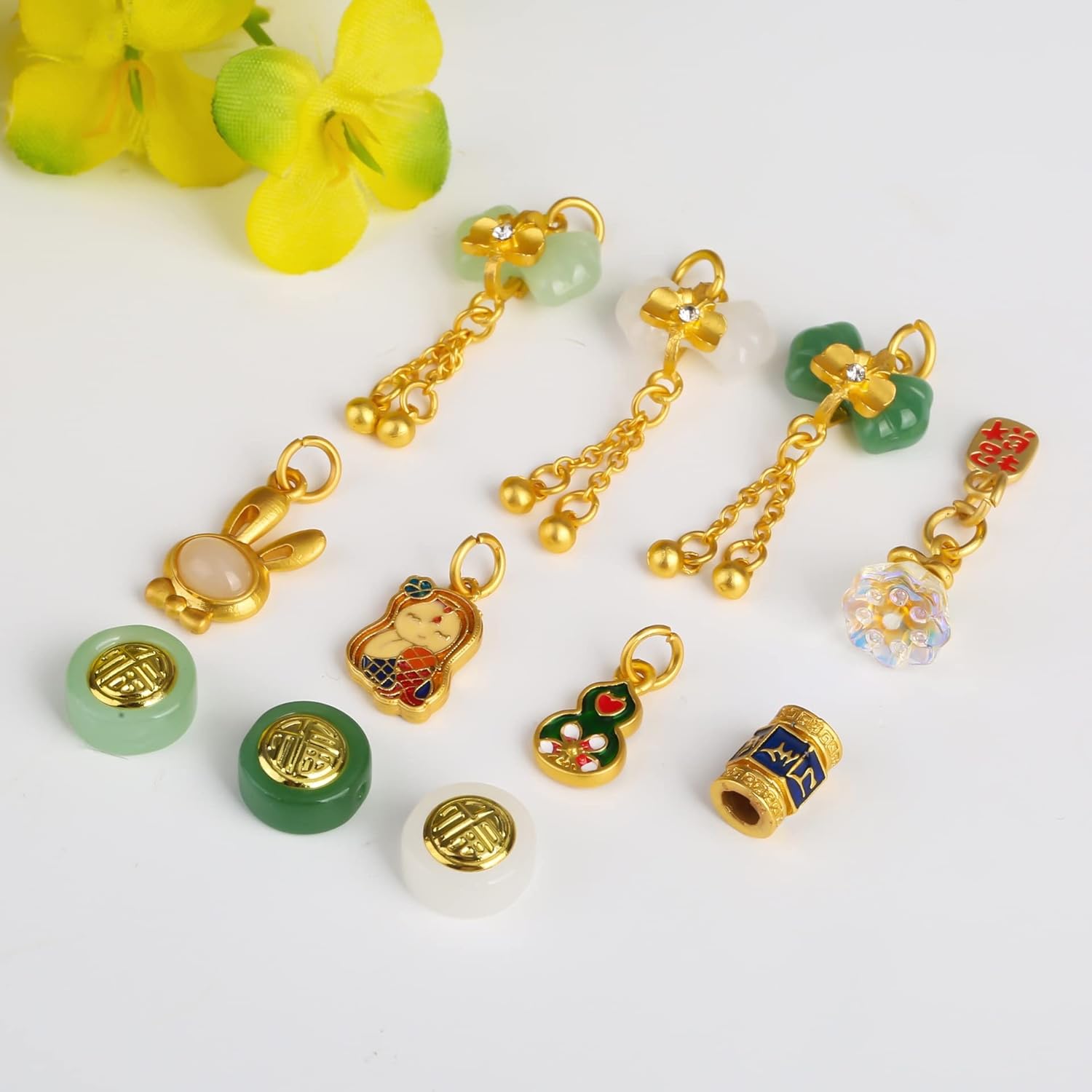 Gold Inlay Jade Fortune Loose Beads Bow Pendant DIY Accessories Bracelet Necklace Spacer Sand Gold