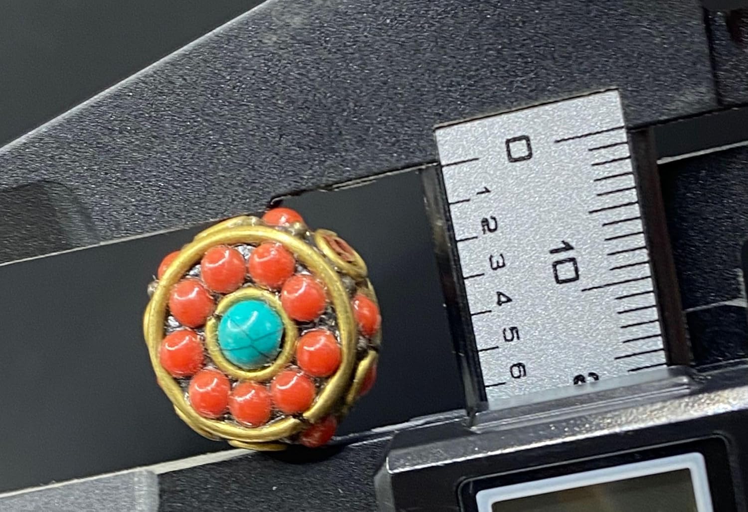 Old Antique 16x10mm Nepalese Tibetan Bead with Coral and Turquoise Inlay – 4.61g Handmade Brass Vintage Bead for Jewelry Making, Boho Crafts, Healing & Meditation Accessories (50)