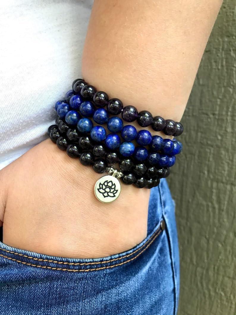 Natural Lapis Lazuli and Amethyst 8mm 108 Mala Beads, Spiritual, Meditation Beads, Reiki, Japa Mala, Buddhist Prayer Beads, Yoga Bracelet, healing beads LKMALA-RRGU-3338