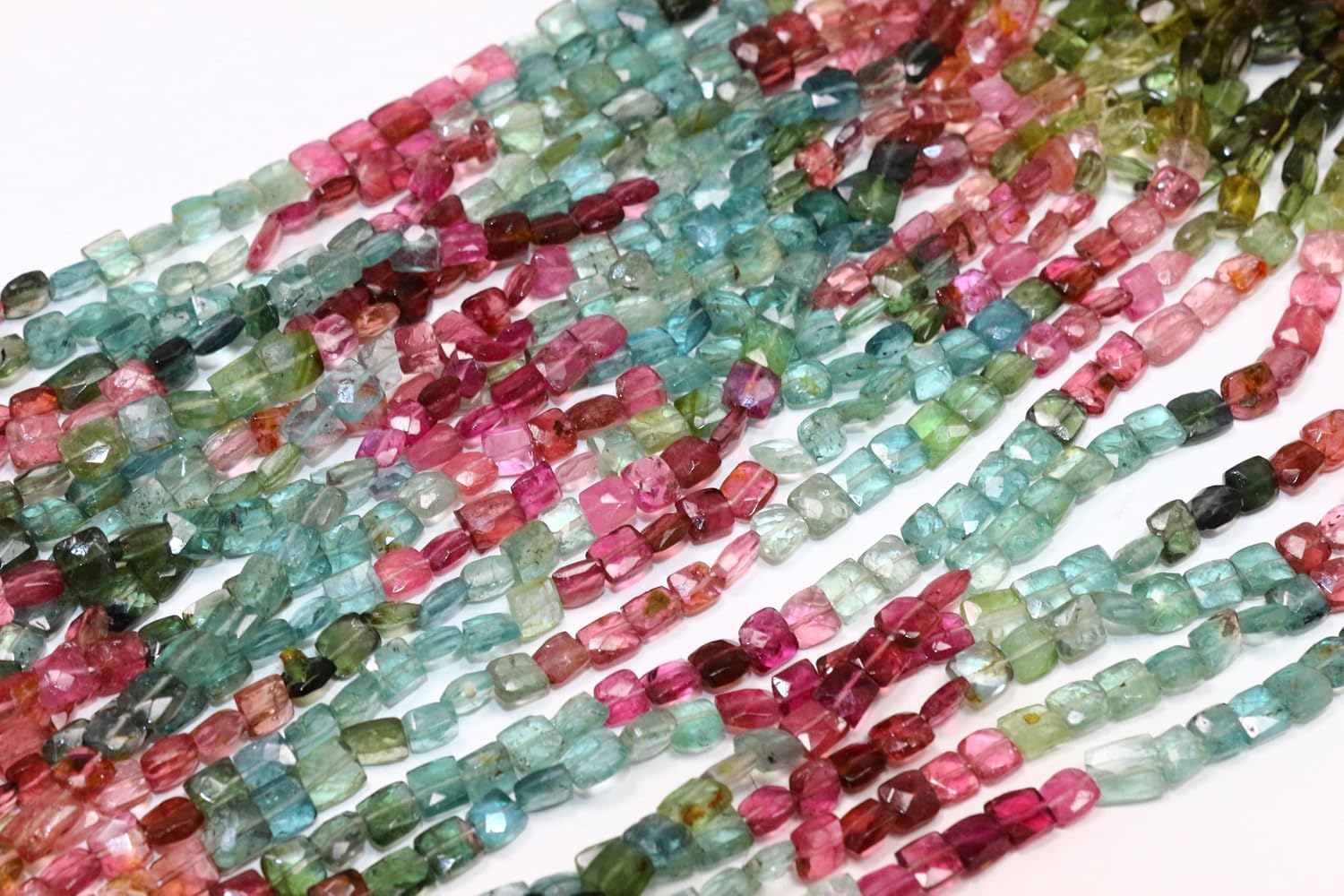 Natural Multi-Color Tourmaline Gemstone Beads, Faceted Cushion Cut, 5mm Size, 13 Inch Strand, Pink Green Mixed