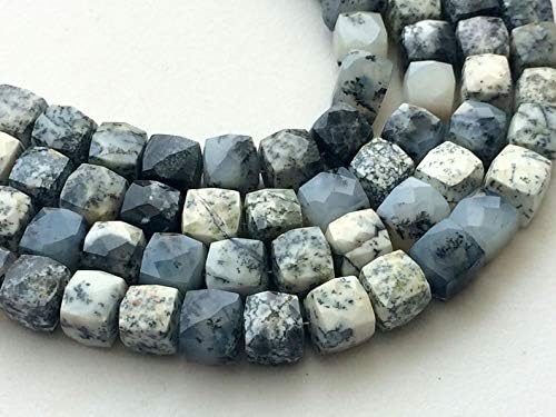Dendrite Box Beads, Natural Dendrite Faceted Cube Beads, White & Black Gemstone Beads, 8-8.5mm, 8 Inch, 22 Pcs
