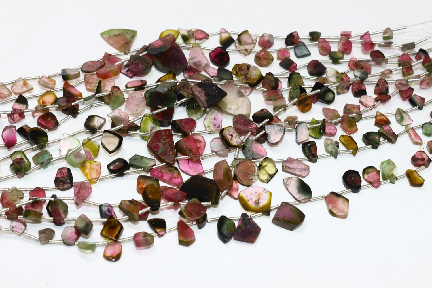 Natural Multi Tourmaline Rough Slice Beads, Pink Green Crystal Gemstones, 5-10mm, Silver Coil Spacers, 8 Inch Strand
