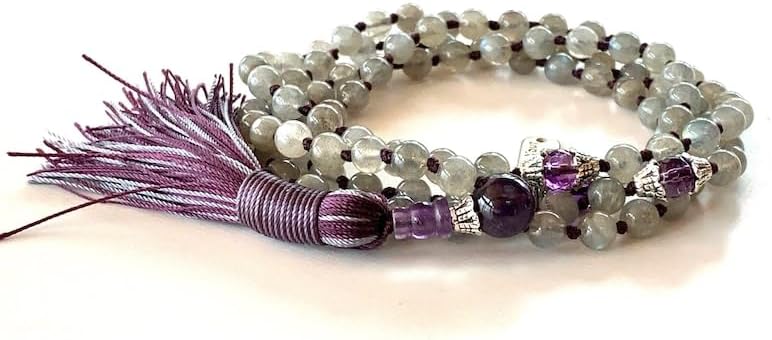 Natural Labradorite and Amethyst 6mm 108 Mala Beads, Spiritual, Meditation Beads, Reiki, Japa Mala, Buddhist Prayer Beads, Yoga Bracelet, healing beads LKMALA-RRGU-1643
