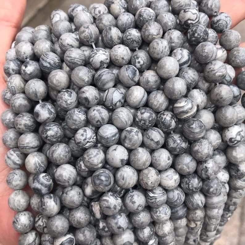 13 inch Strand of Natural gem Gray Jasper, 8mm Round Smooth Beads for DIY Jewelry Making. | Beads_03916