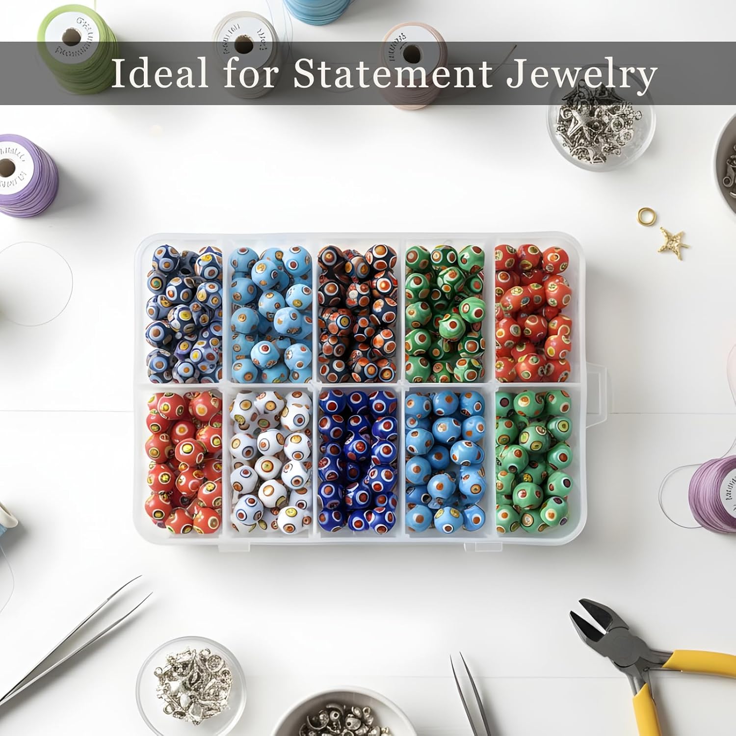 Handcrafted Multicolor Fancy Lampwork Glass Beads | Available in 10 Strands | Artistic Loose Crystal Beads for Jewelry Making, DIY Crafts & Necklace Supplies.