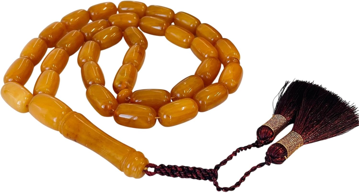 AMBERSTONE Vintage Orange Amber Islamic Prayer - Barrel Beads Rosary - Premium Handmade Tasbeeh for Dhikr - Amber Misbaha - 33 Beads / 62.6 g
