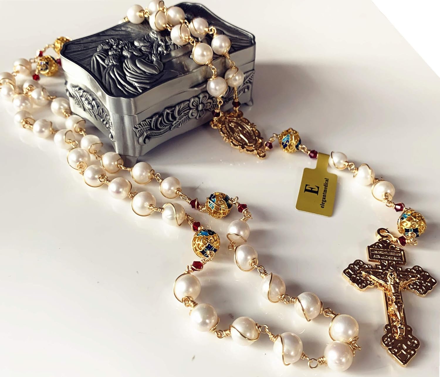 elegantmedical HANDMADE Gold Wire Wrapped Bead AAA White 10mm Real Pearl Rosary Cross NECKLACE BOX