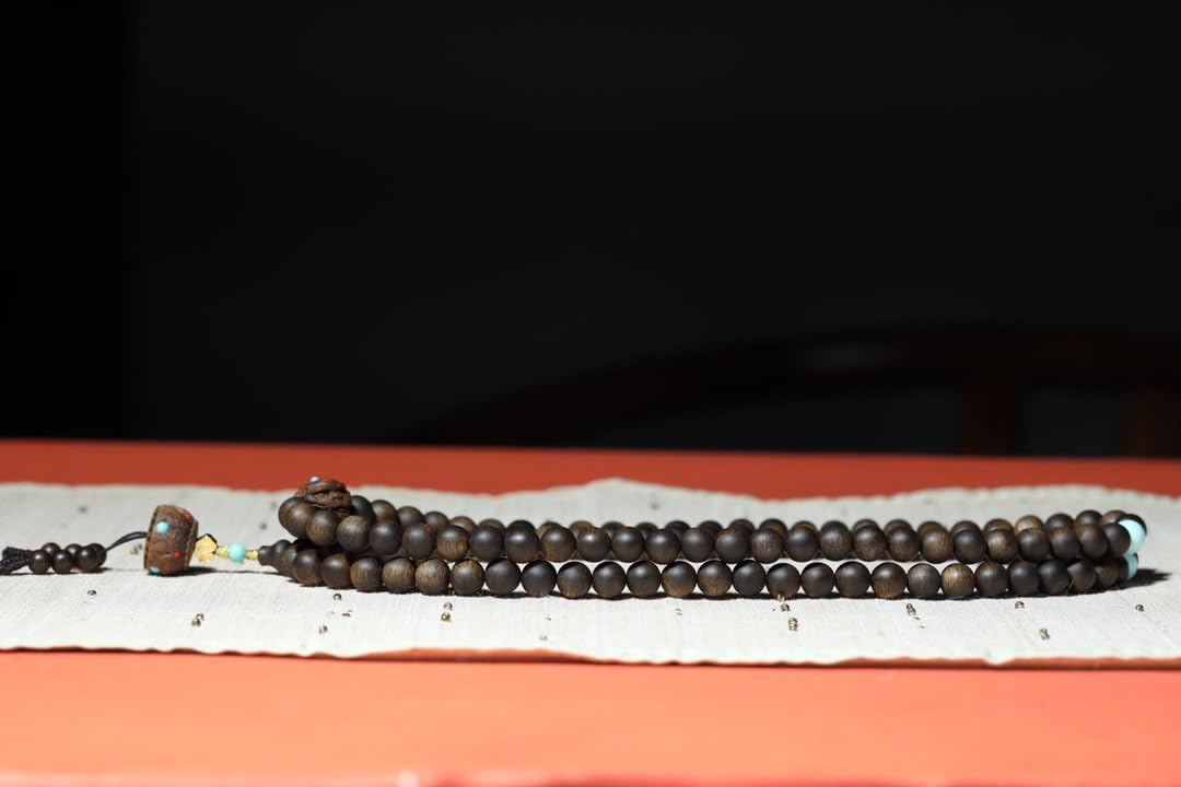 Brunei Agarwood 8mm Prayer Beads with Embedded Green Turquoise and South Red Lotus Pods, Honey-Sweet Aroma, 90% Aged