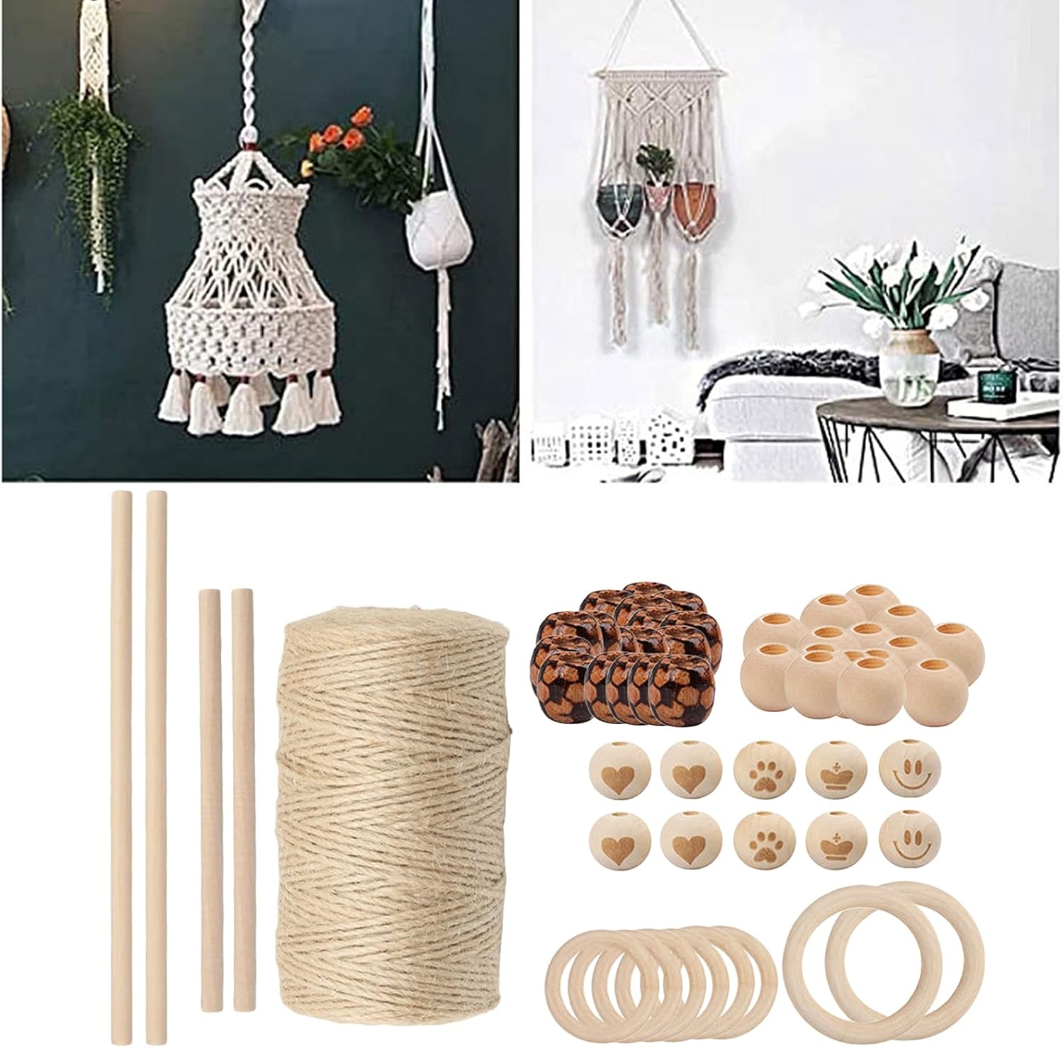 OP Macrame Kit 3mm Macrame Cotton Cord with Wooden Beads, Wooden Rings for Wall T211