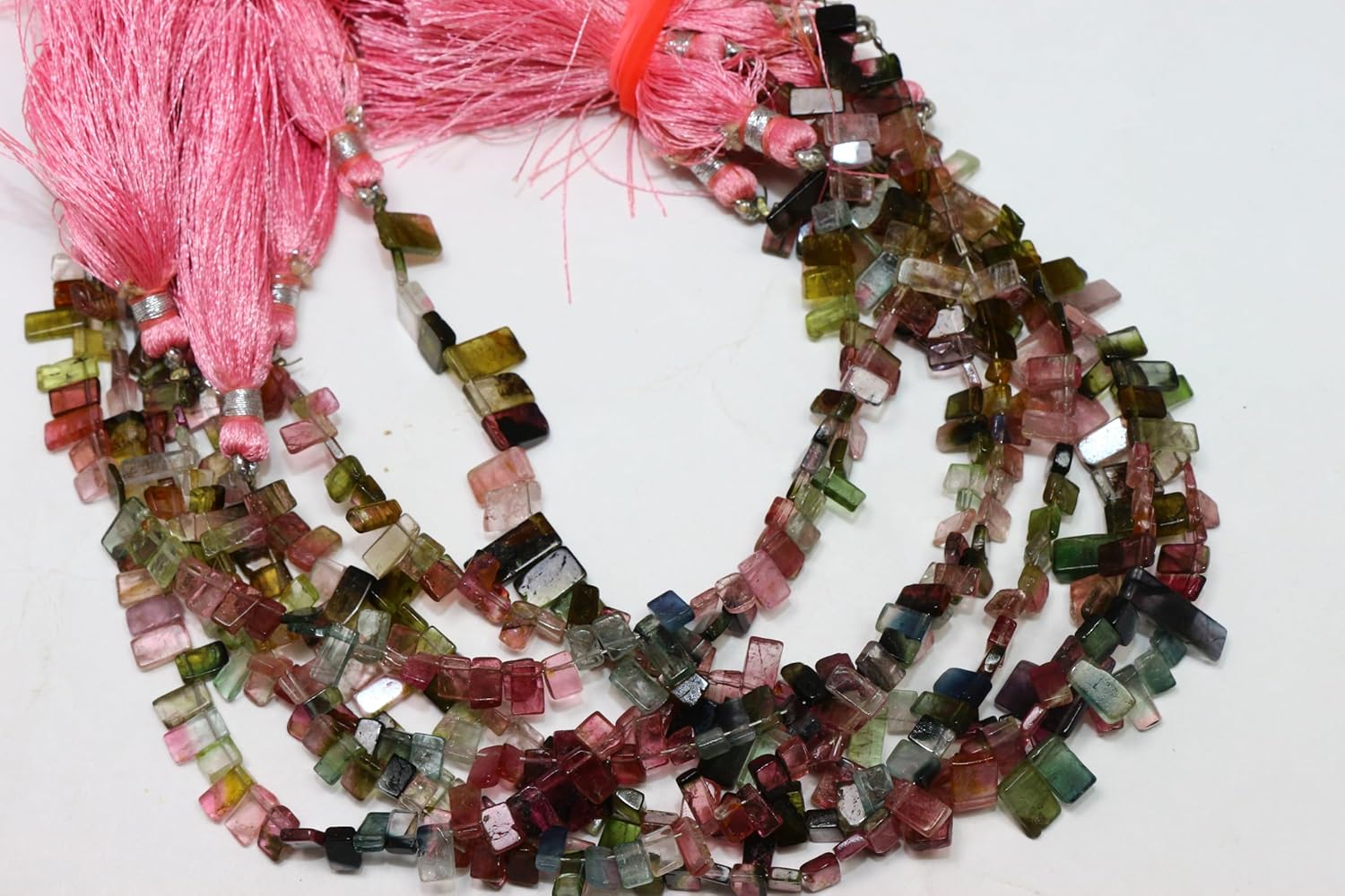 Natural Multi Tourmaline Smooth Slice Beads, Pink and Green, Semi-Precious Gemstone, 4-6mm, 8 Inch Strand with Tassels