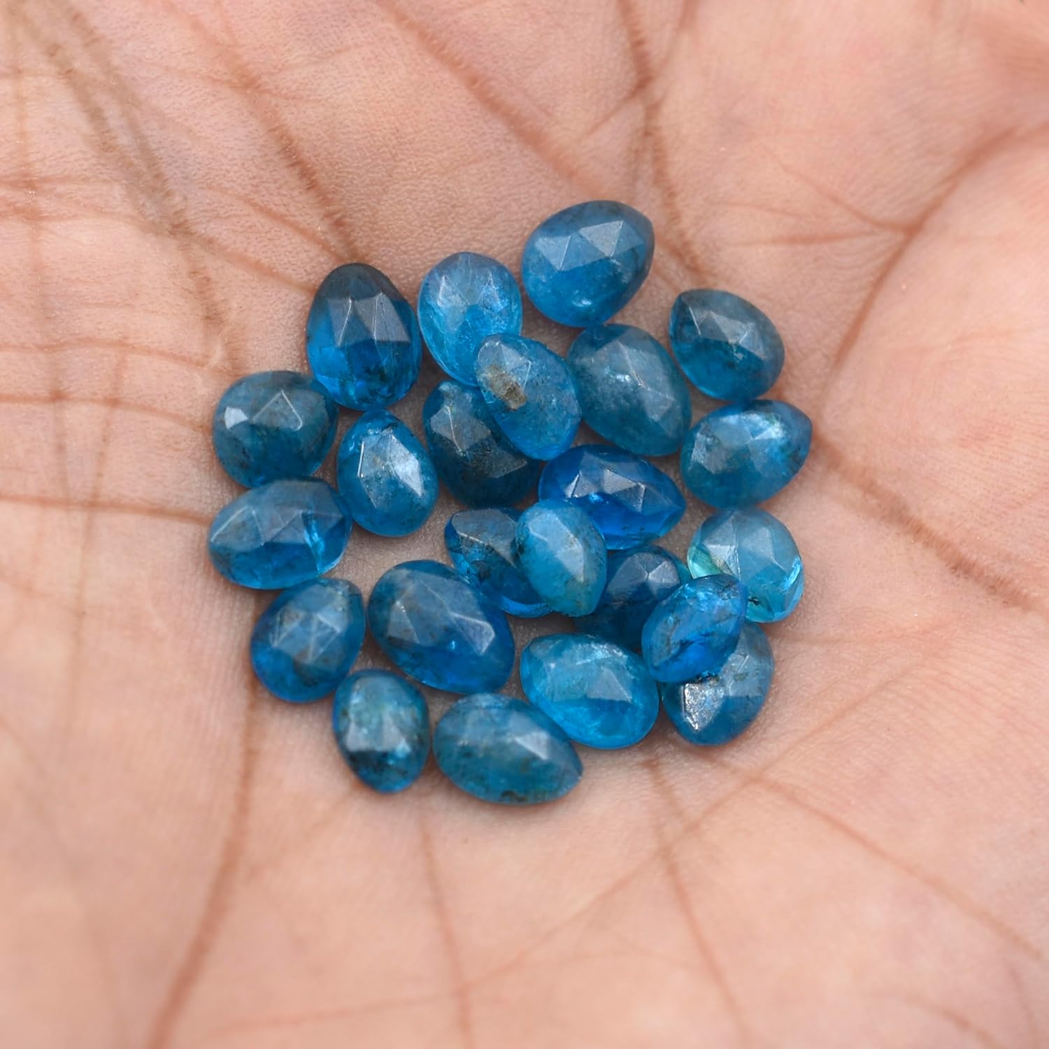 Neon Apatite Loose Stone Beads Cabochon Brilliant Rose Cut Oval Shape 5X6 to 6X8 mm Flat Back Gemstone Drill Bead Making Jewelry Supply (Straight Drill, 50)