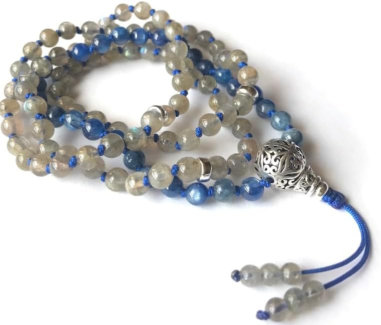 Natural Kyanite ,Labradorite 6mm-10mm 108 Mala Beads, Spiritual, Meditation Beads, Reiki, Japa Mala, Buddhist Prayer Beads, Yoga Bracelet, healing beads LKMALA-RRGU-1032
