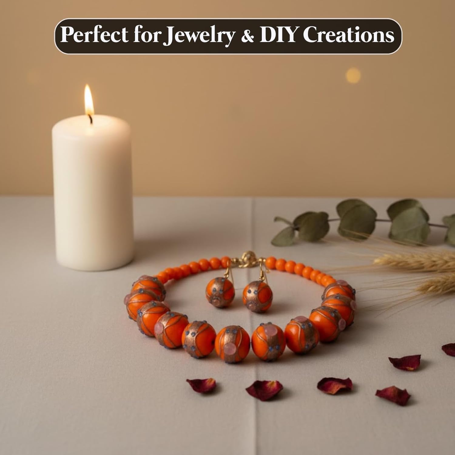 Handcrafted Orange Lampwork Glass Beads | 16mm Designer Round Loose Beads | Available in 10 Strands | Artistic Handmade Beads for Jewelry Making, DIY & Decoration