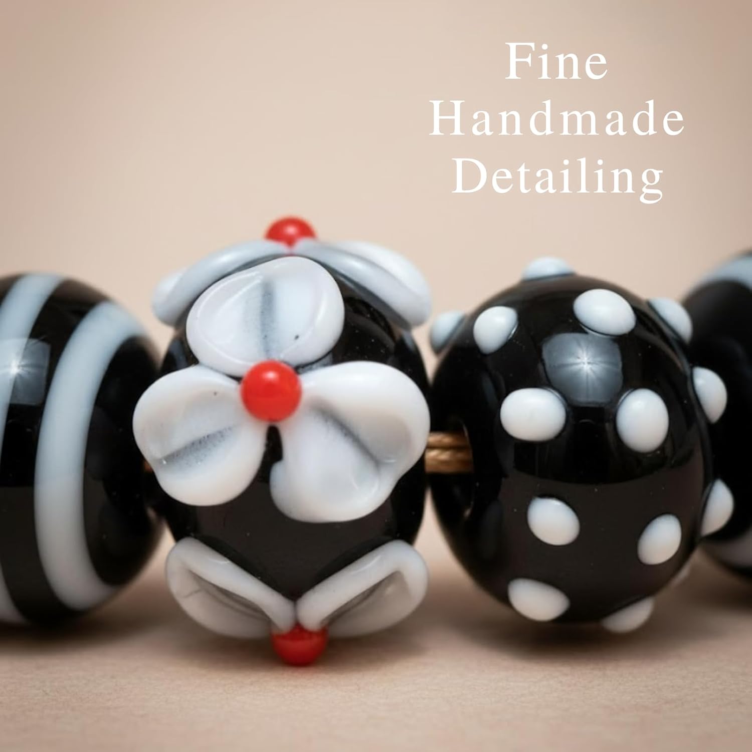 Handcrafted Black & White Lampwork Glass Beads | Floral, Dots & Stripe Pattern Beads | Available in 10 Strands | Artistic Assorted for Jewelry Making & DIY Crafts.