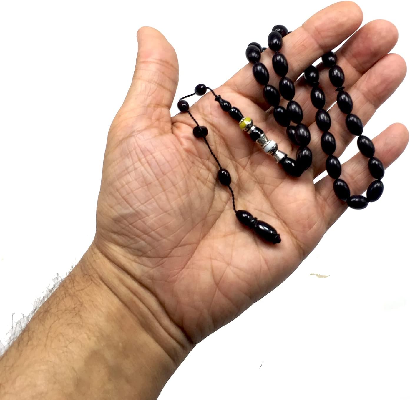 EXCLUSIVE COLLECTION -Handmade Silver Engraved Bakelite Tesbih, Tasbih, Islamic Rosary, Islamic Prayer Beads, Misbaha (7x11 mm 33 Black Rice Beads)