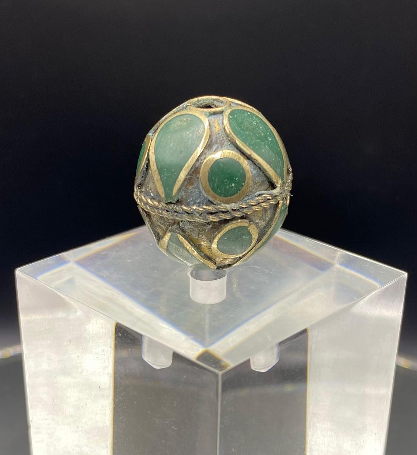 Antique Tibetan Brass Inlay Bead 25x22mm 4.5g | Vintage Green Stone Handmade for Jewelry Making | Ethnic Nepal for Necklace, Bracelet, Earring Craft | Old Tribal Boho Bead (50)