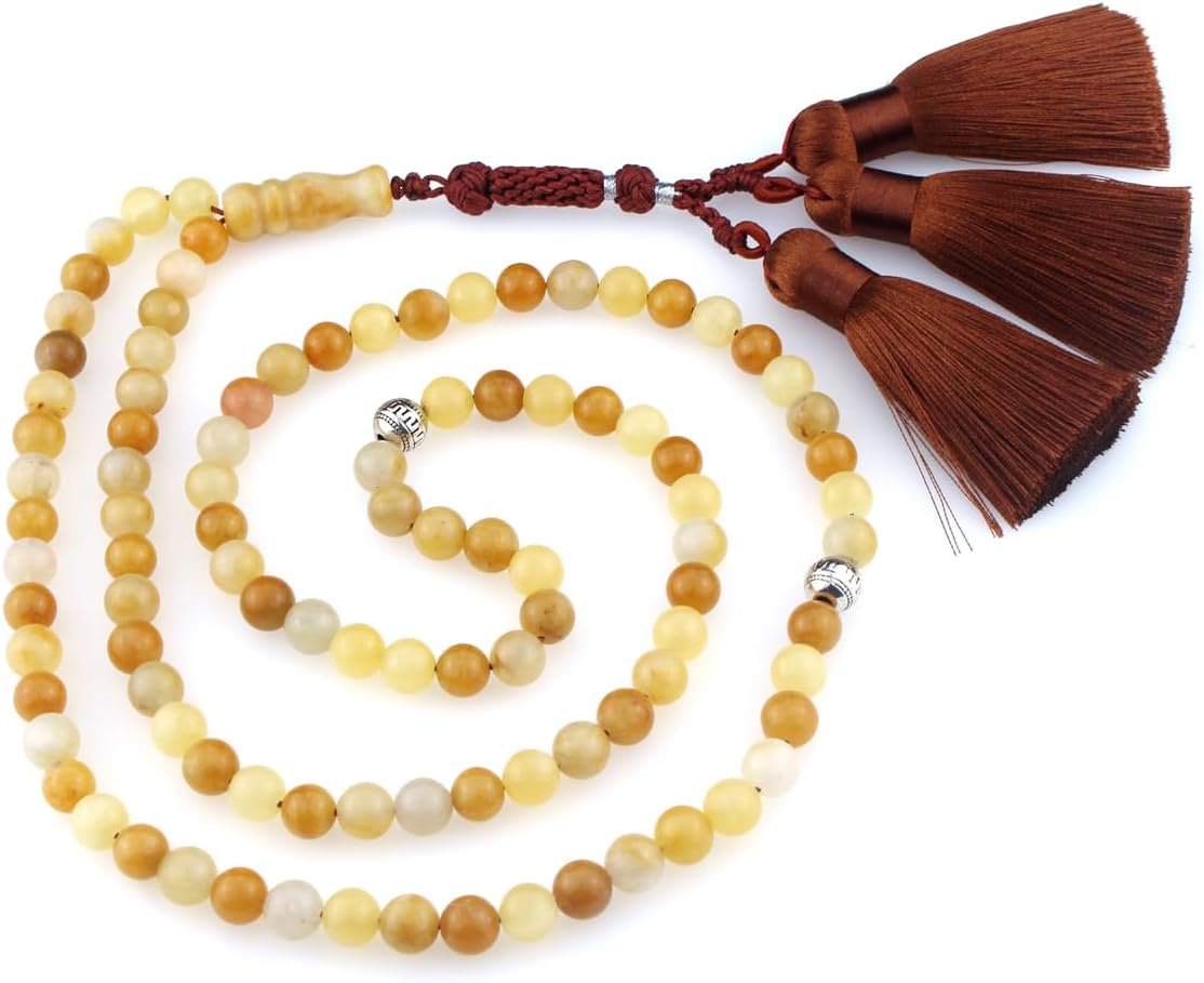 Muslims Islamic Dhikr 99 Tasbeeh Tasbih Prayer Beads, Yellow Jade Stone Beads with Tassel