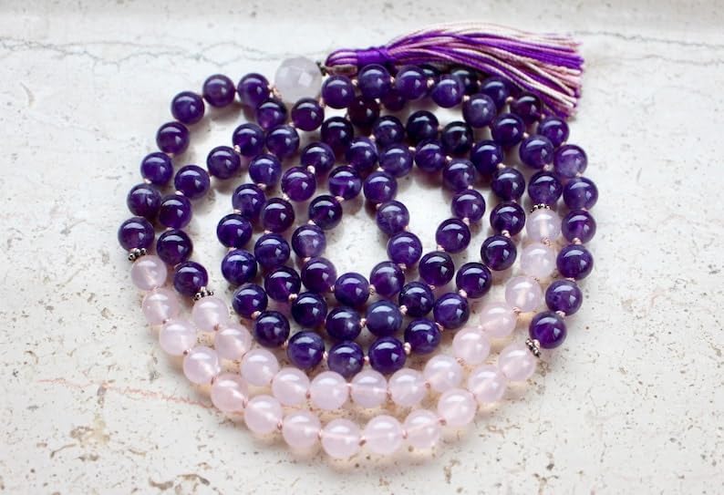 Natural Amethyst and Rose Quartz 8mm 108 Mala Beads, Spiritual, Meditation Beads, Reiki, Japa Mala, Buddhist Prayer Beads, Yoga Bracelet, healing beads LKMALA-RRGU-2928