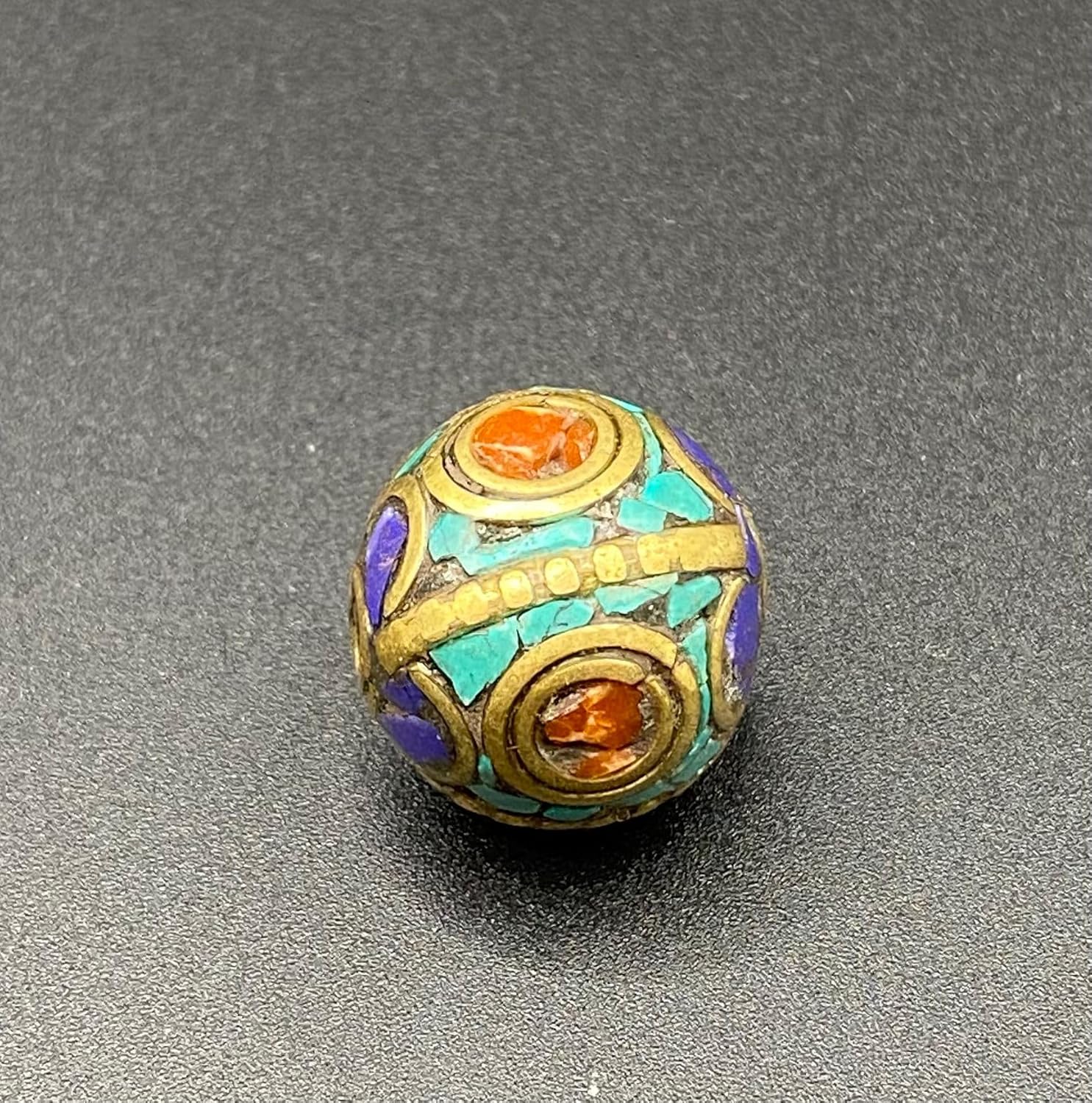 Old Antique Nepali Tibetan Handmade Brass Bead 20mm 10g | Turquoise,Lapis Lazuli & Coral Inlay Round Bead | Ethnic Boho Jewelry Supply | for Pendant Bracelet Necklace Making (50)