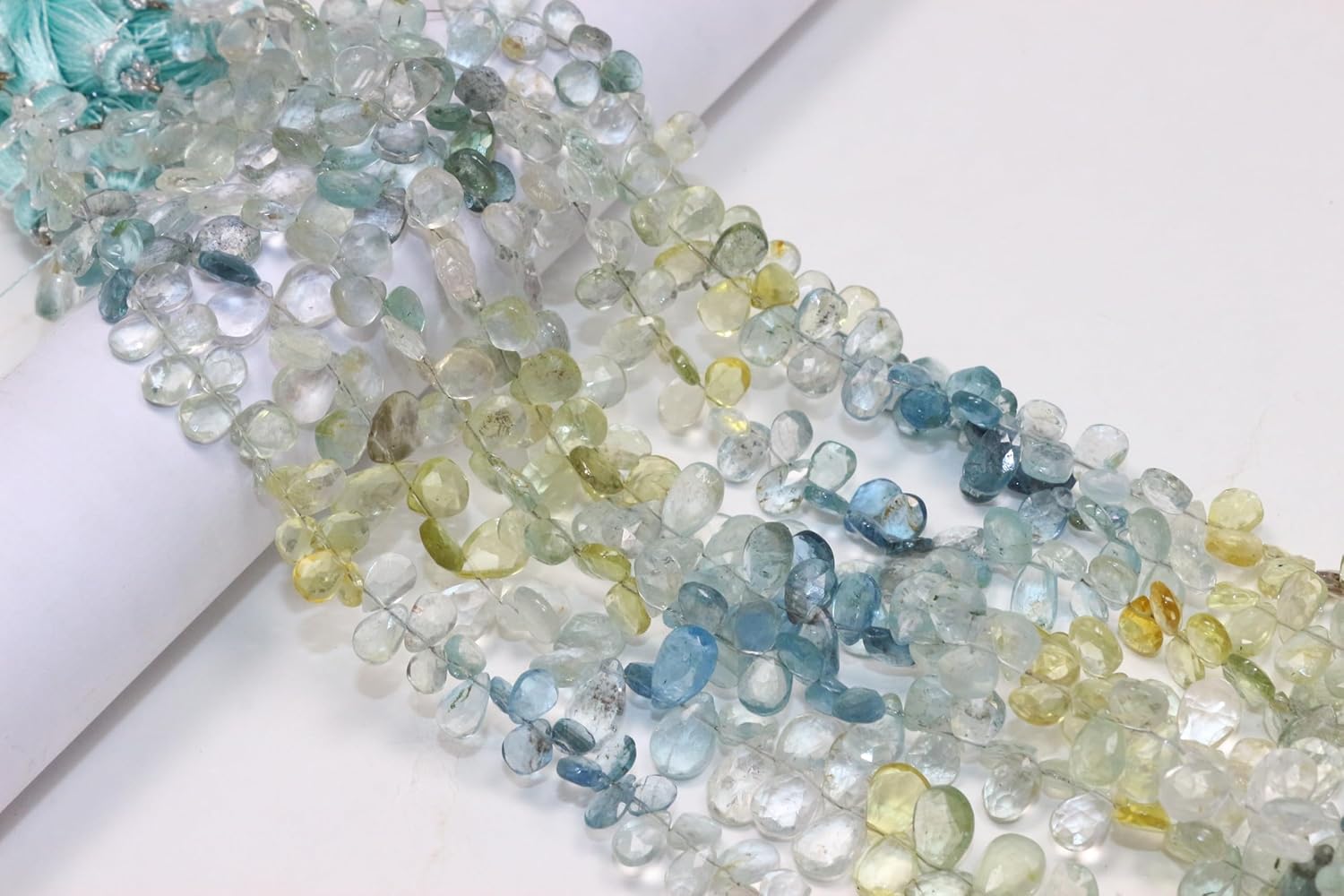 Natural Aquamarine Faceted Pear Beads, Multi-Color Blue and Yellow, Semi-Precious Gemstone Strand, 4-8mm, 8 Inch Length