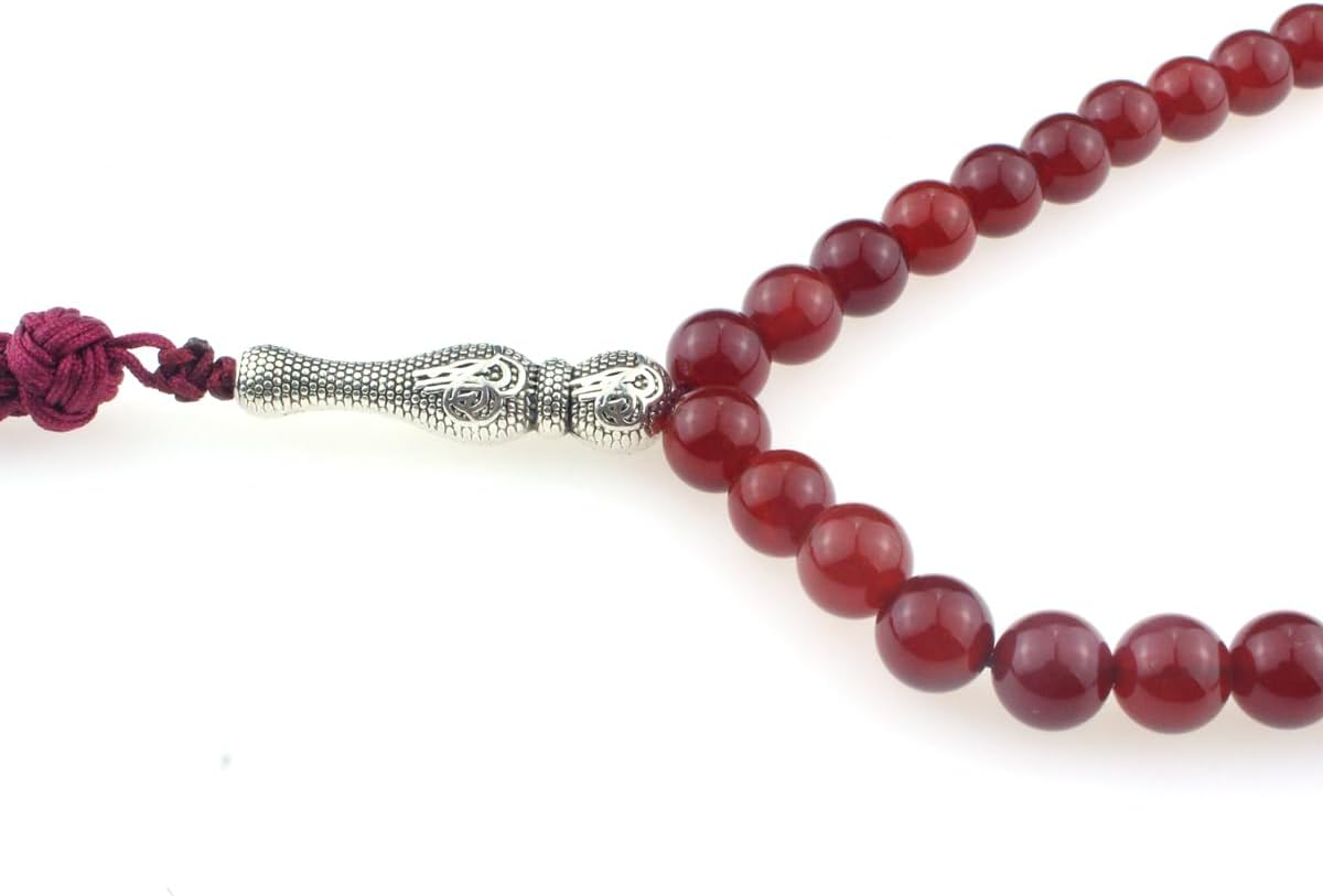 Muslims Islamic Dhikr Tasbeeh Tasbih Prayer Beads, 99 Red Agate Stone Beads with Tassel