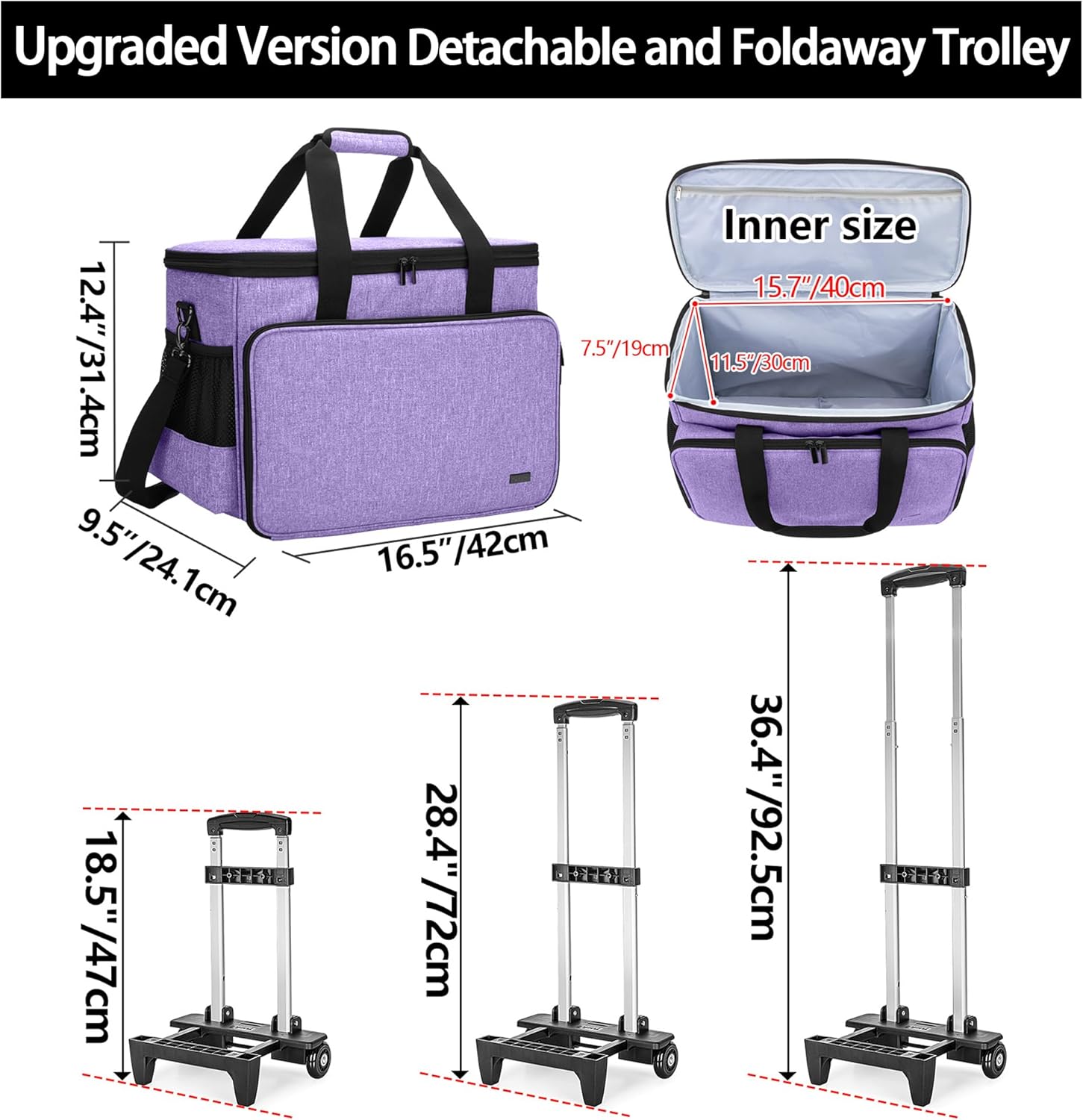Yarwo Rolling Craft Bag on Wheels 2.0, Women Craft Scrapbook Tote Bag with Detachable Trolley and Extra Bottom Board for Teaching Crafts Supplies and Tools, Rolling Teacher Cart for Women, Purple