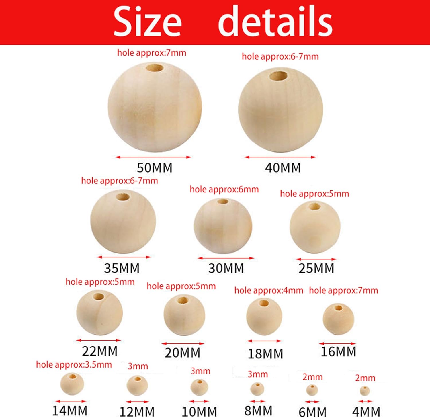 100pcs Wooden Beads, 15 Sizes Unfinished Natural Wood Beads for DIY Jewelry Making, Home Decor, Craft Supplies, Art Projects & Party Decorations(6mm -50mm)(Size:50mm (Hole Approx 7mm))