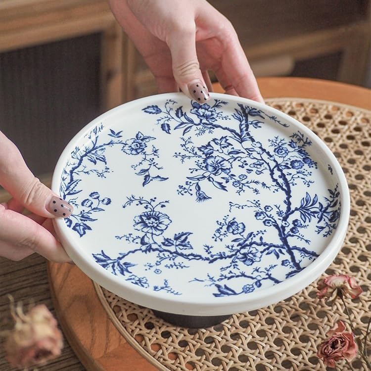 Tray Chinese Retro Blue and White Wooden High-Foot Tray Aromatherapy Refreshments Fruit Storage Tray Home Decoration Storage Tray Serving Trays(Black)