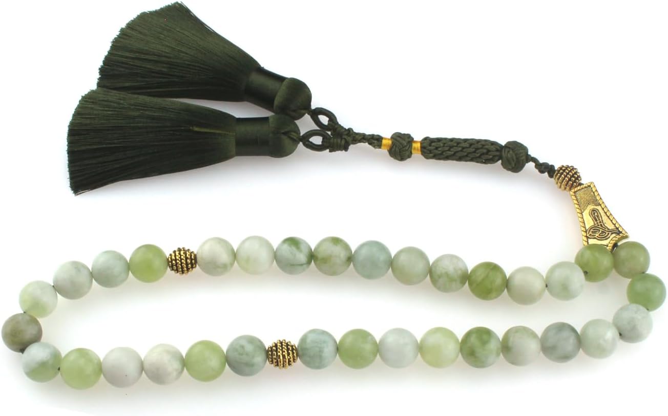 Muslims Islamic Dhikr Tasbeeh 33 Tasbih Prayer Beads, Light Green Jade Stone Beads with Tassel