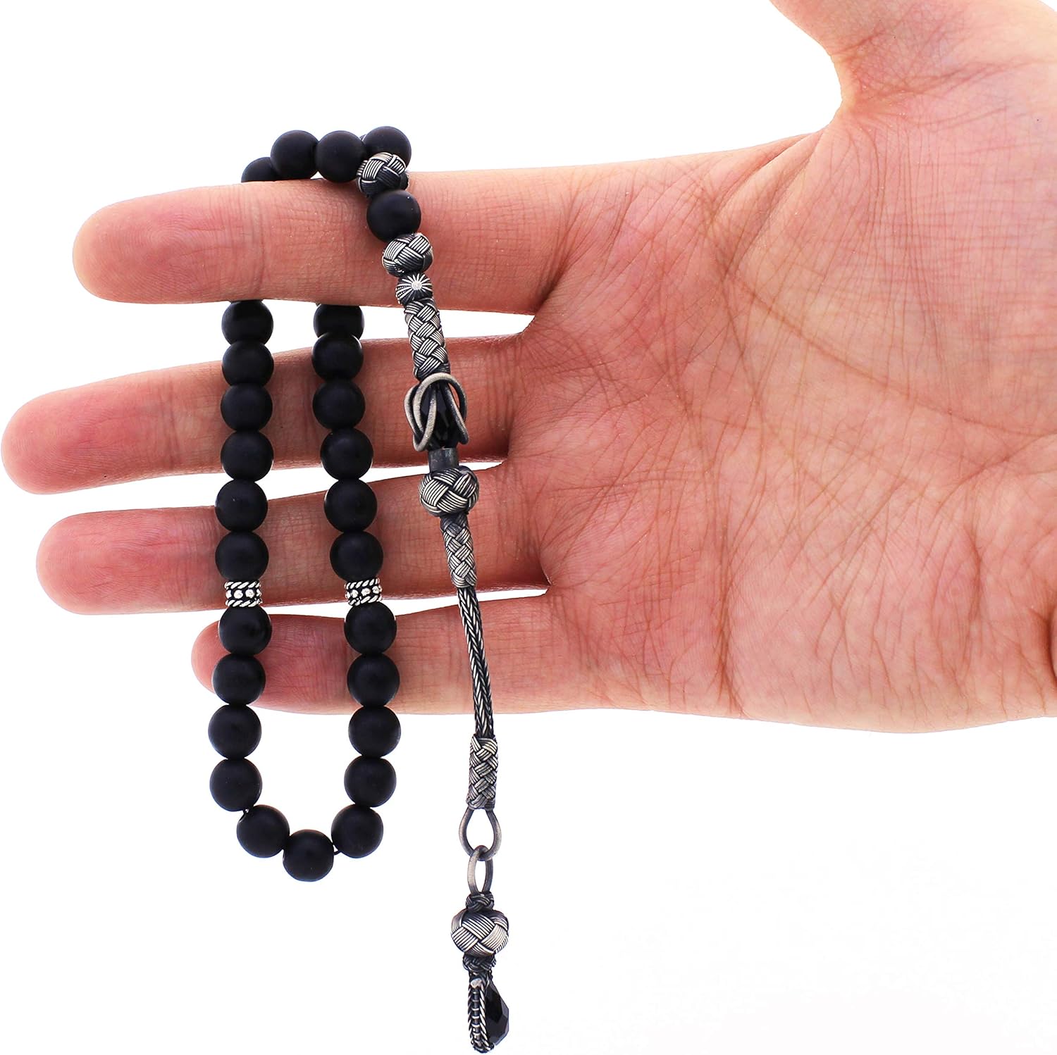 1000 Ct Silver Turkish Kazaz Matte Onyx Islamic 33 Prayer Beads Tasbeeh Rosary
